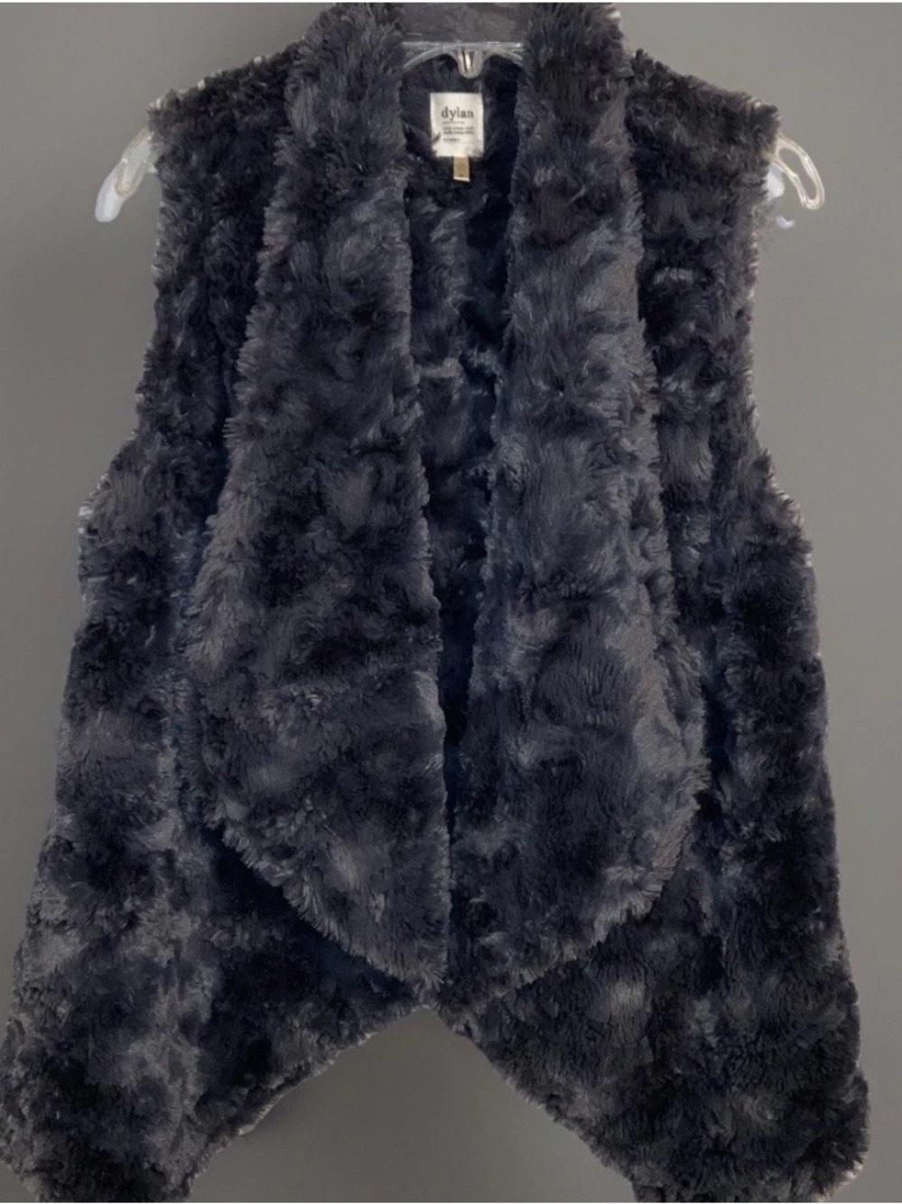 Dylan Los Angeles Dk Gray Faux Fur Open Front Collared Vest Retro Boho Chic Sz M